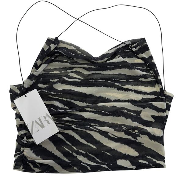Zara Tank Top Womens Medium Black Animal Zebra Print Cross Cross Cowl Neck - Picture 1 of 8
